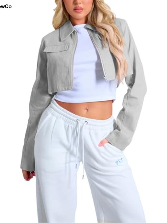 Jackets & Blazers - Cropped Zip Up Casual Jacket with Lapel Collar and Chest Pockets